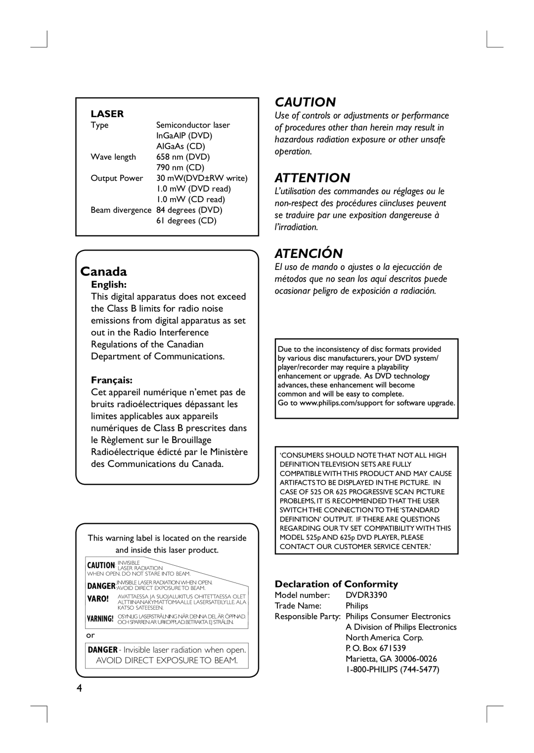 Philips DVDR3390 user manual English, Français, Declaration of Conformity 