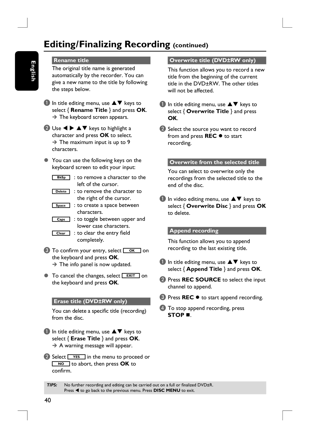 Philips DVDR3390 Rename title Overwrite title DVD±RW only English, Overwrite from the selected title, Append recording 