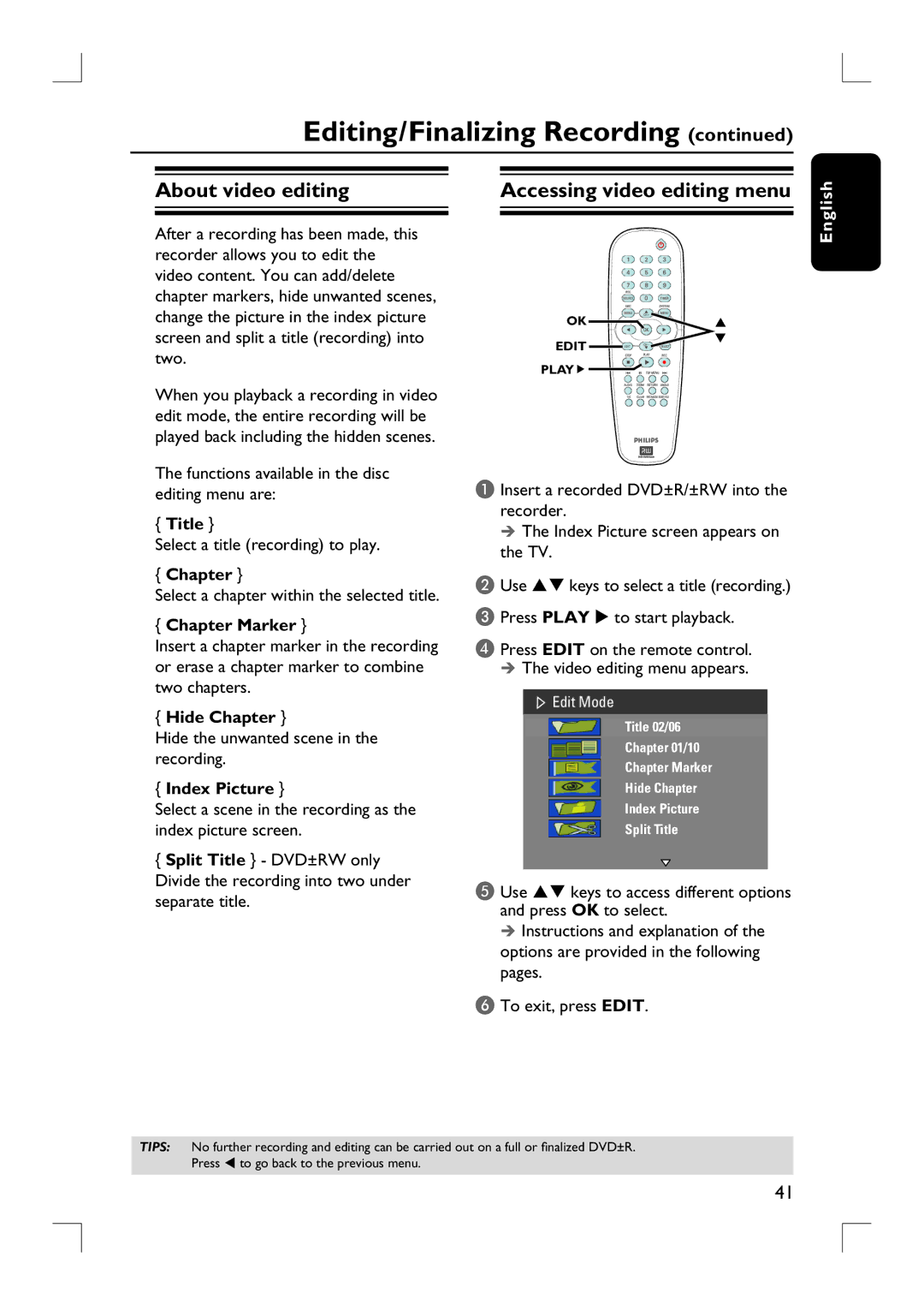 Philips DVDR3390 user manual About video editing, Accessing video editing menu 