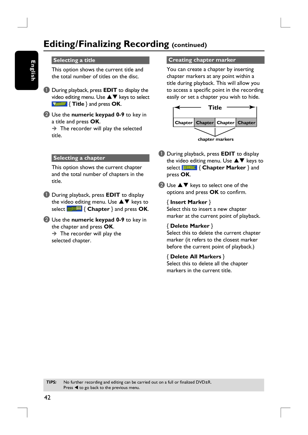 Philips DVDR3390 user manual Selecting a title Creating chapter marker English, Selecting a chapter 