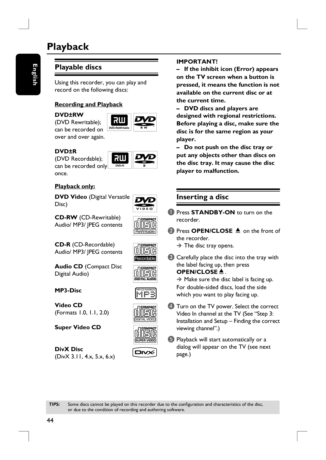 Philips DVDR3390 user manual Playback, Playable discs, Inserting a disc 