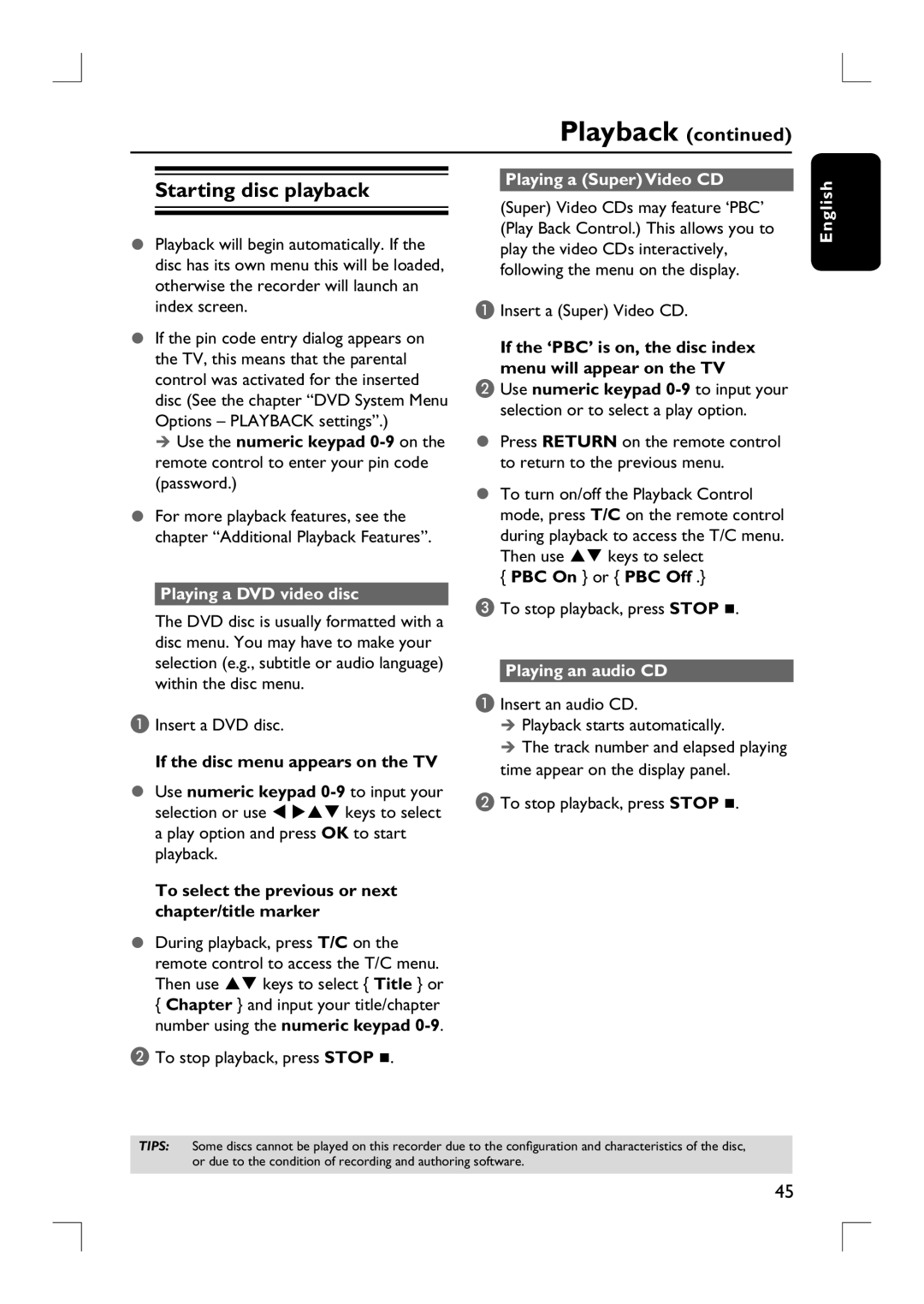Philips DVDR3390 Starting disc playback, Playing a Super Video CD, PBC On or PBC Off, English Playing a DVD video disc 