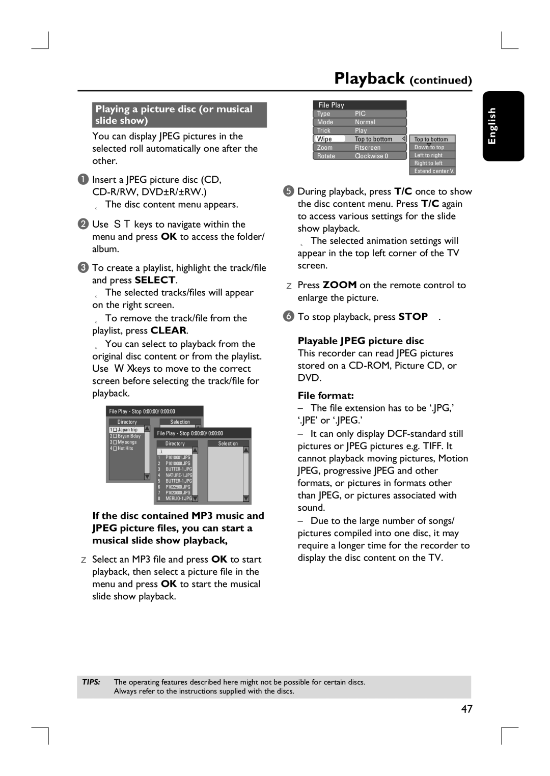 Philips DVDR3390 user manual Playing a picture disc or musical slide show, Playable Jpeg picture disc, File format 