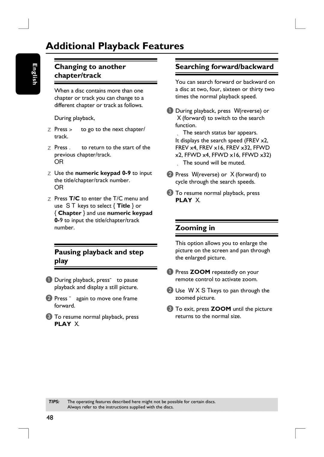 Philips DVDR3390 Additional Playback Features, Changing to another chapter/track, Pausing playback and step play, Zooming 