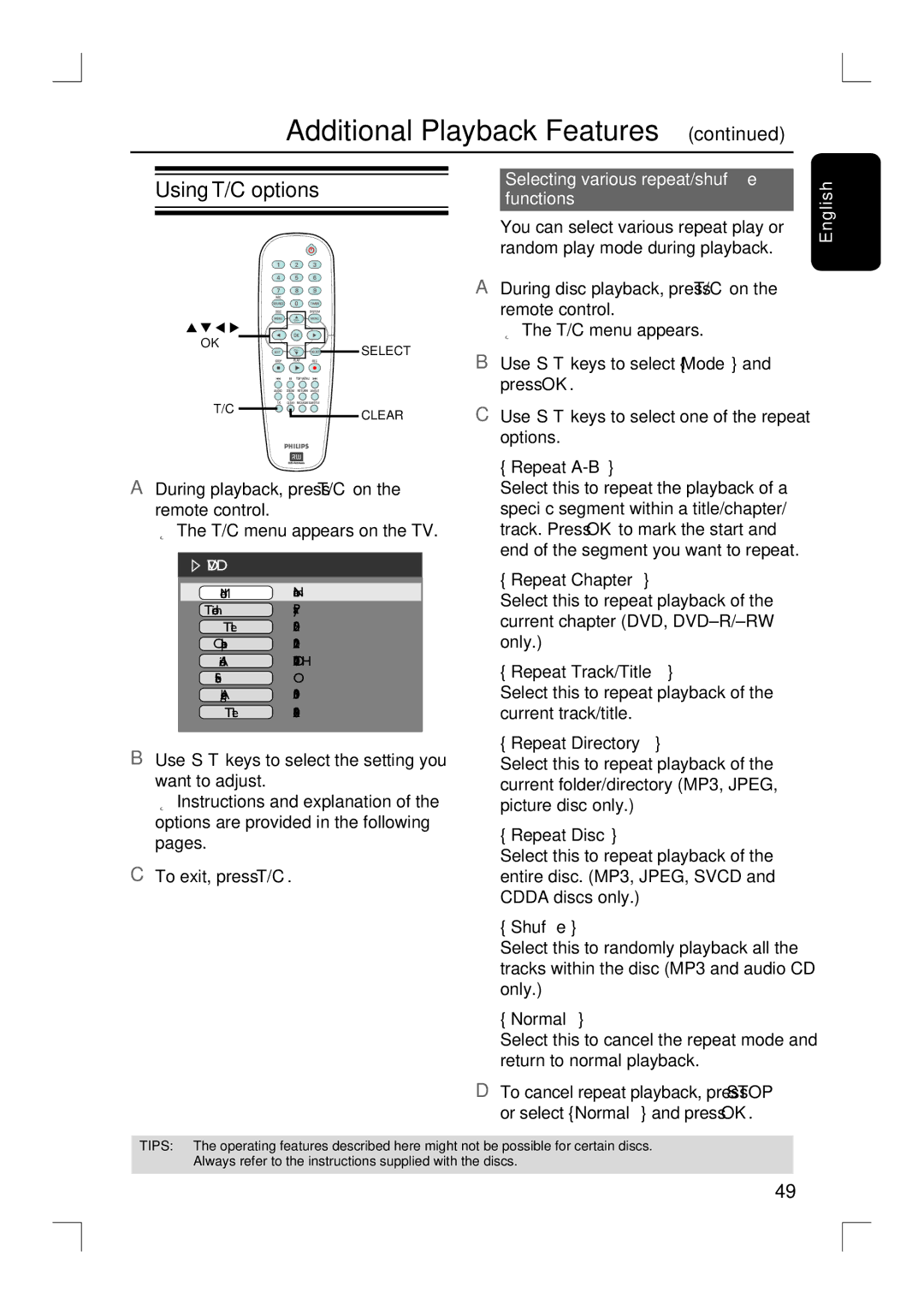 Philips DVDR3390 user manual Selecting various repeat/shuffle, Functions 