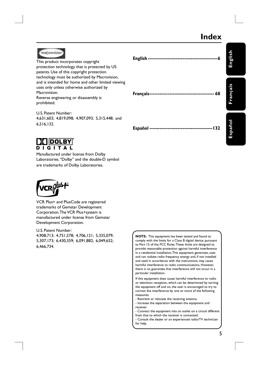 Philips DVDR3390 user manual Index, Español Français English, English Français Español 132 