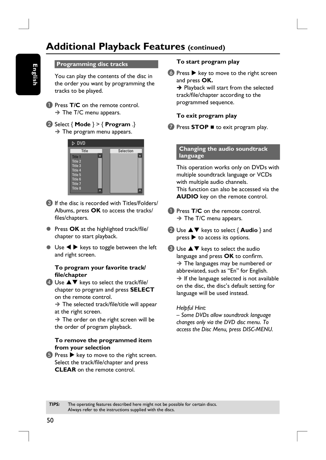 Philips DVDR3390 user manual English Programming disc tracks, Changing the audio soundtrack language 