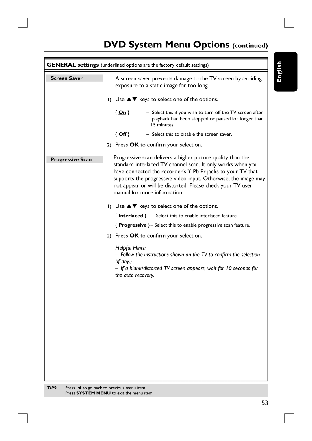 Philips DVDR3390 Exposure to a static image for too long, Manual for more information, Screen Saver, Progressive Scan 