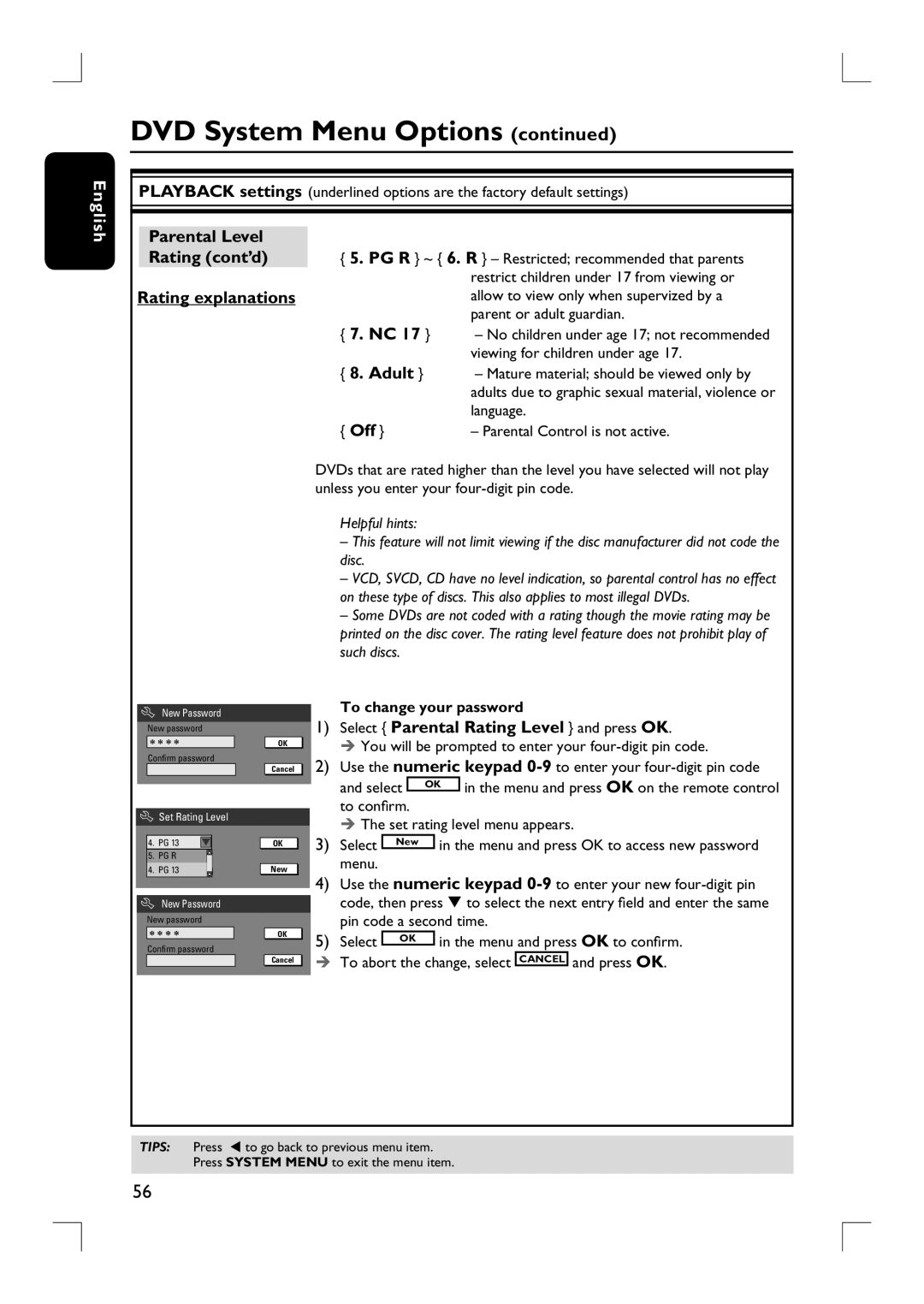 Philips DVDR3390 user manual Parental Level Rating cont’d Rating explanations, Select Parental Rating Level and press OK 