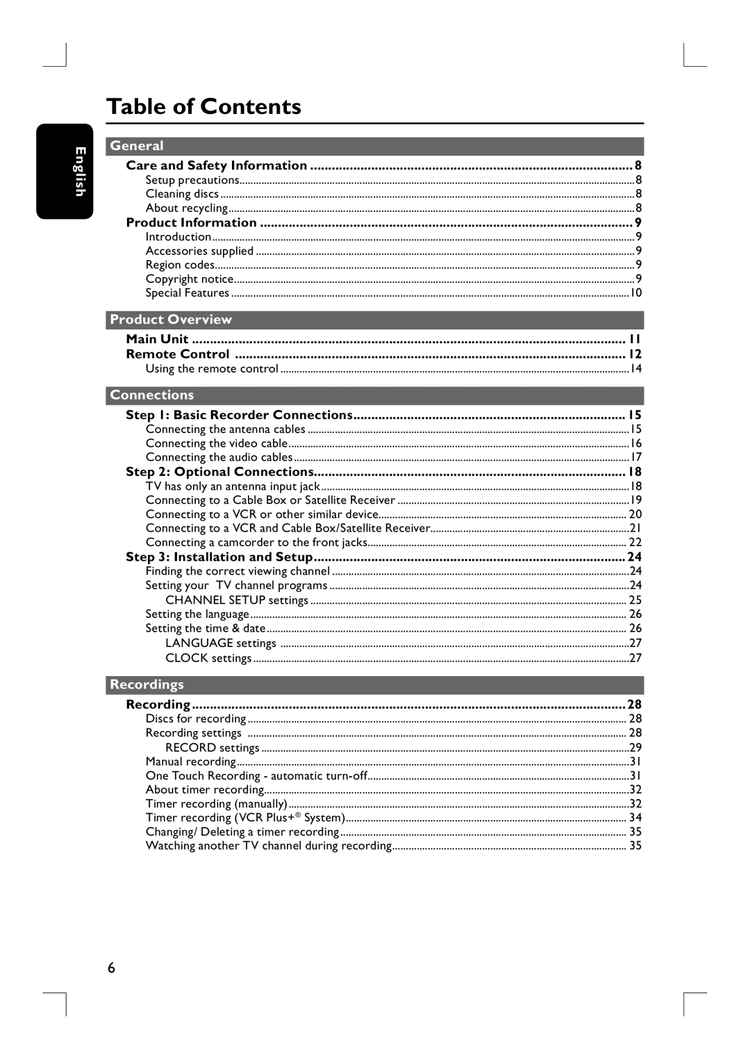 Philips DVDR3390 user manual Table of Contents 