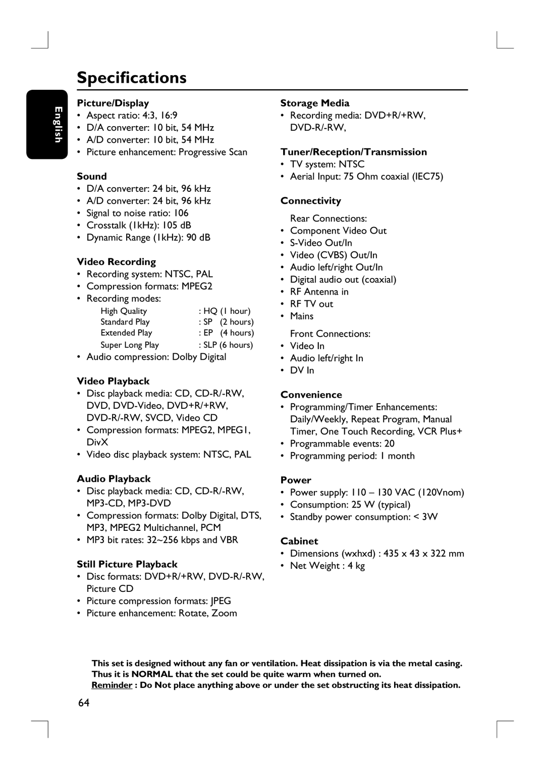 Philips DVDR3390 user manual Specifications 