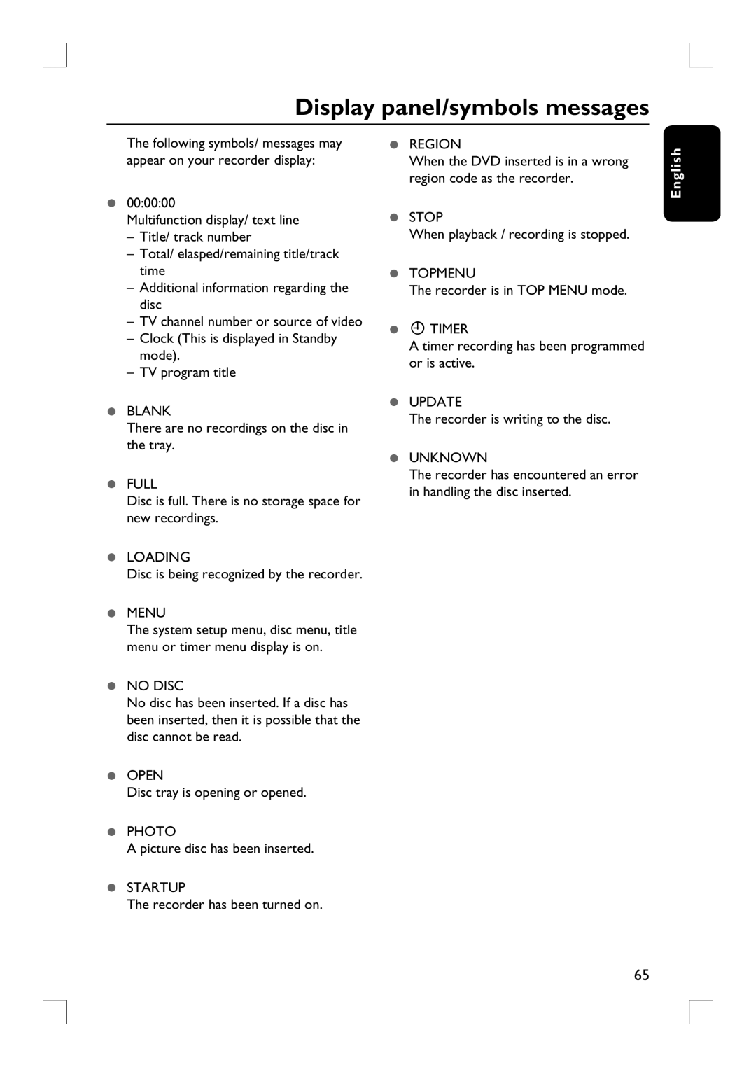 Philips DVDR3390 user manual Display panel/symbols messages 