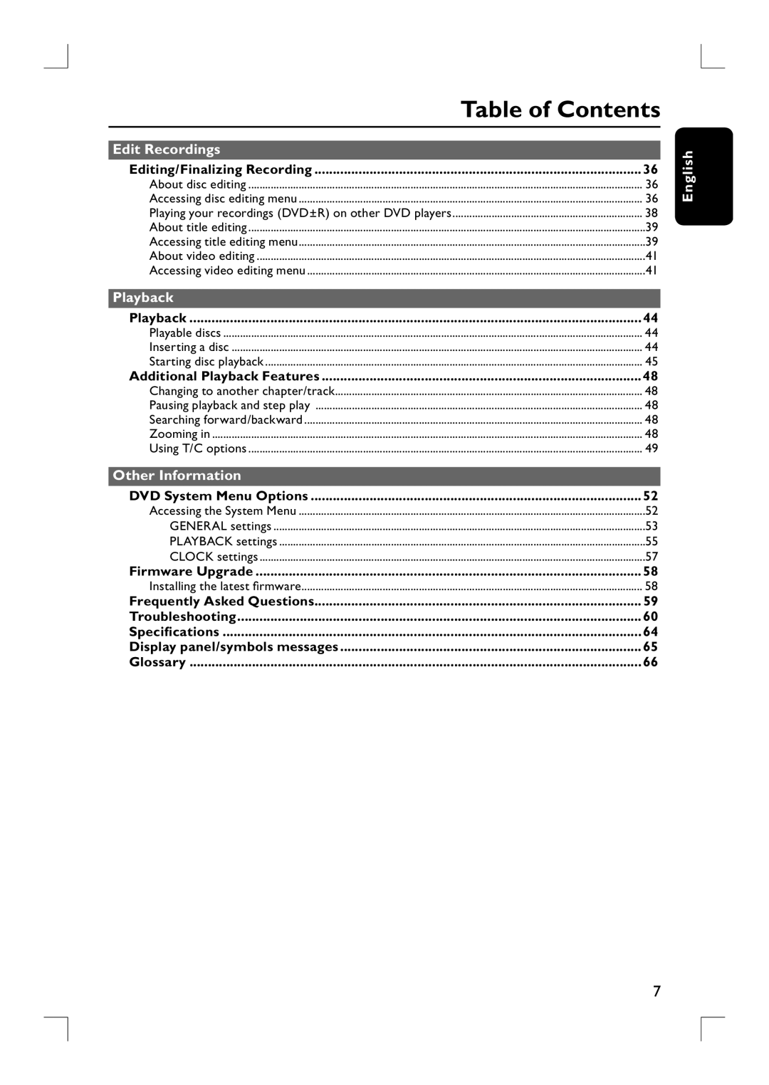 Philips DVDR3390 user manual Table of Contents 