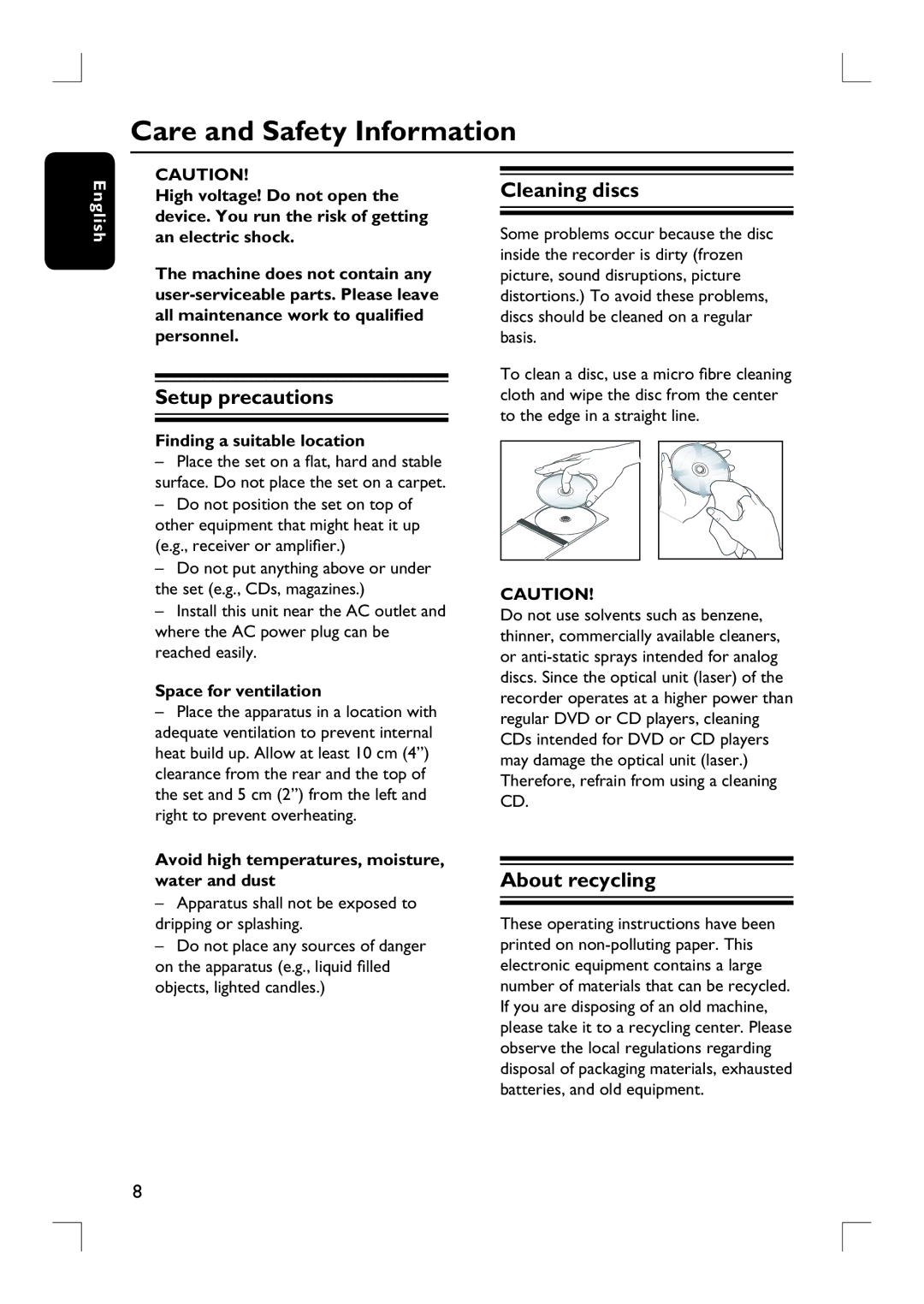 Philips DVDR3390 user manual Care and Safety Information, Setup precautions, Cleaning discs, About recycling 