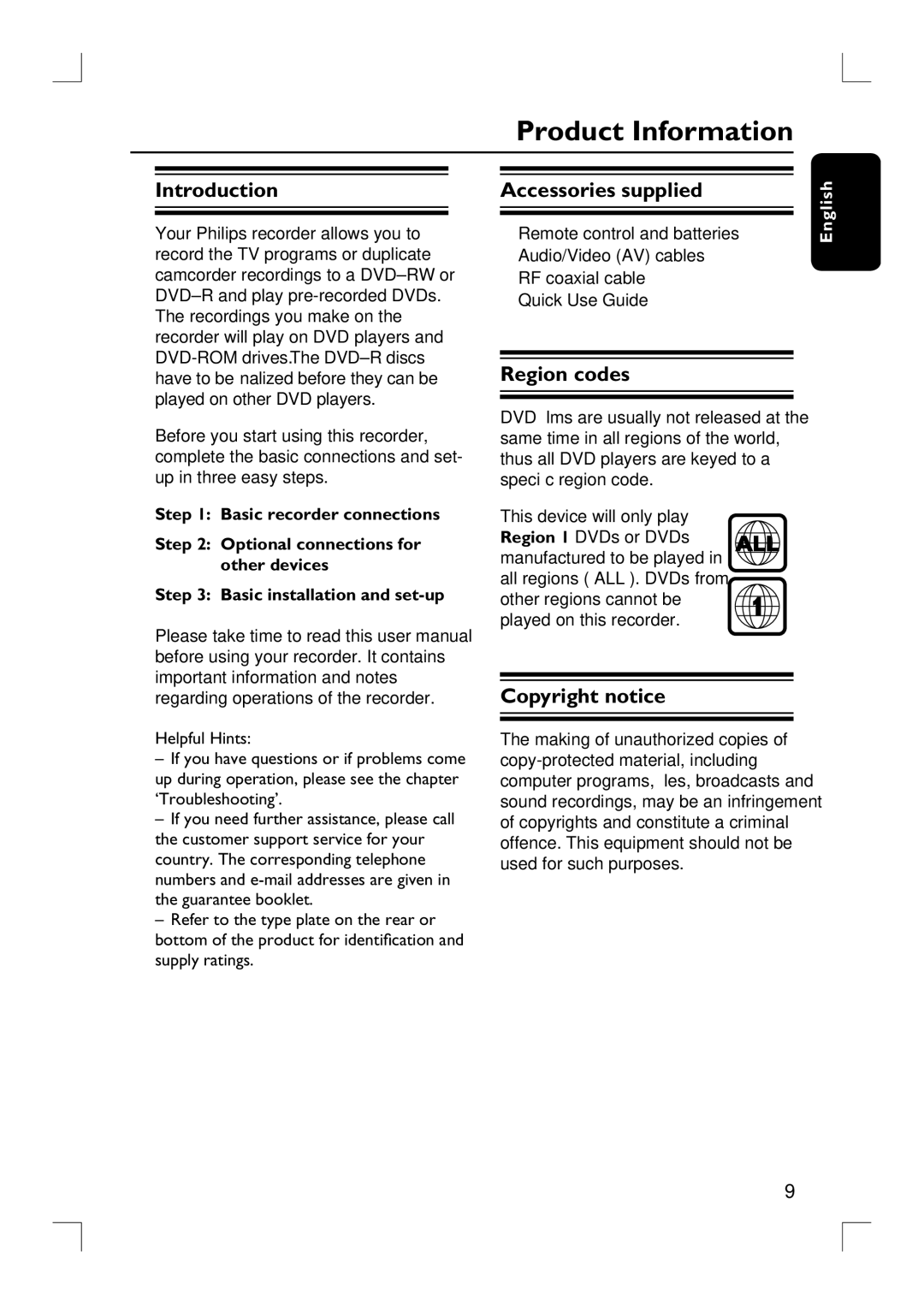 Philips DVDR3390 user manual Product Information, Introduction, Accessories supplied, Region codes, Copyright notice 