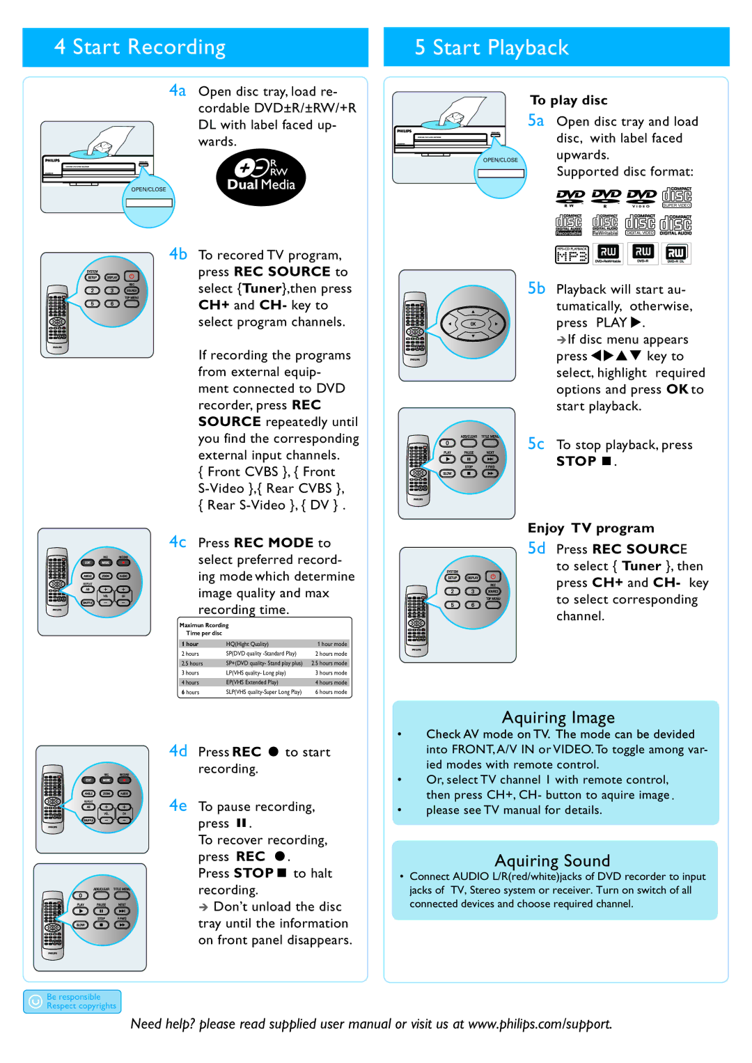 Philips DVDR3408/93 manual Start Recording, Start Playback, Aquiring Image, Aquiring Sound 