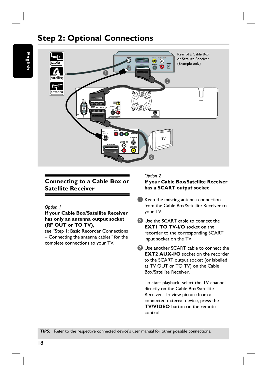 Philips DVDR3430V, DVDR3432V user manual Optional Connections, Connecting to a Cable Box or Satellite Receiver 