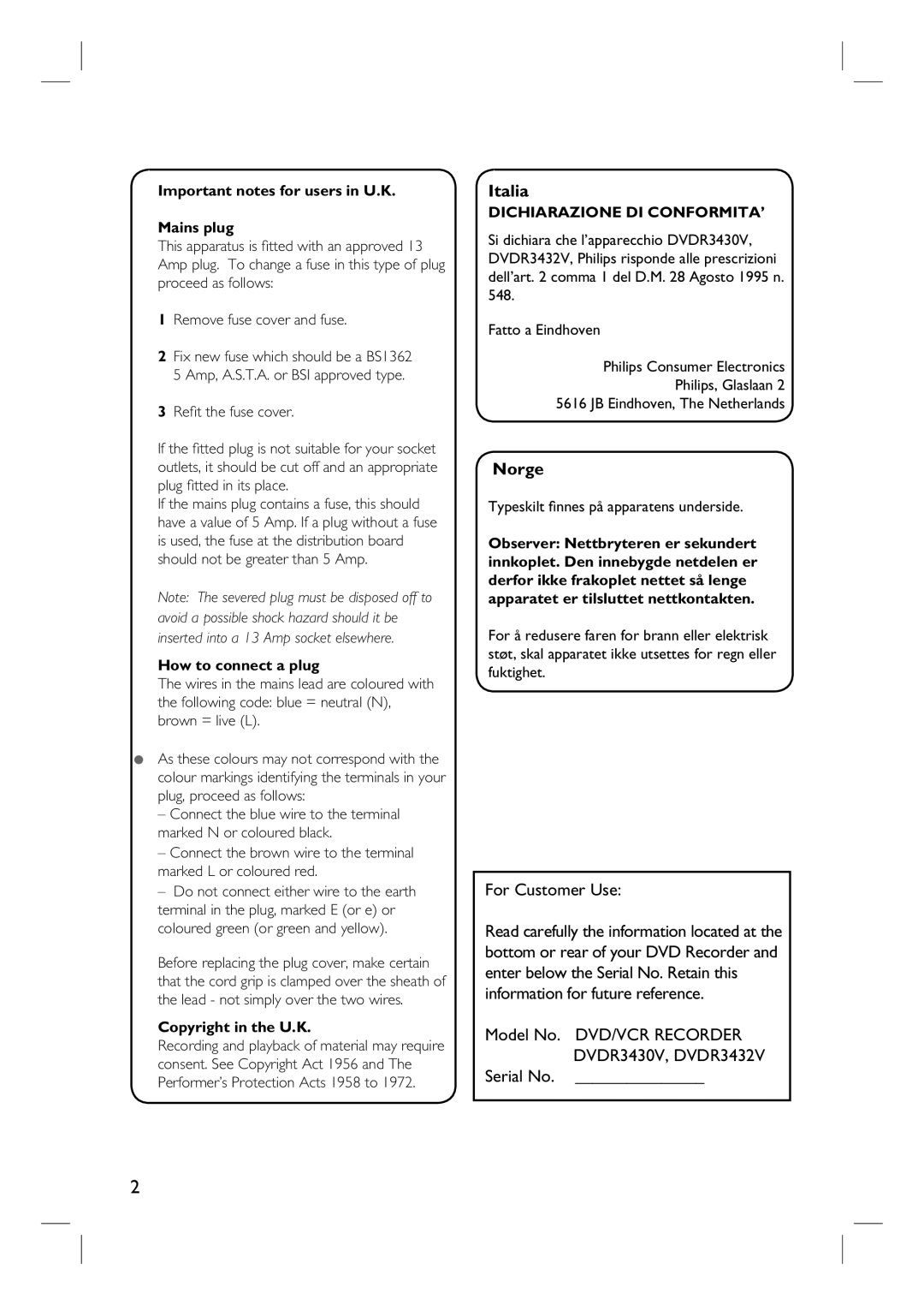 Philips DVDR3430V, DVDR3432V user manual Italia, Norge, For Customer Use, Serial No 