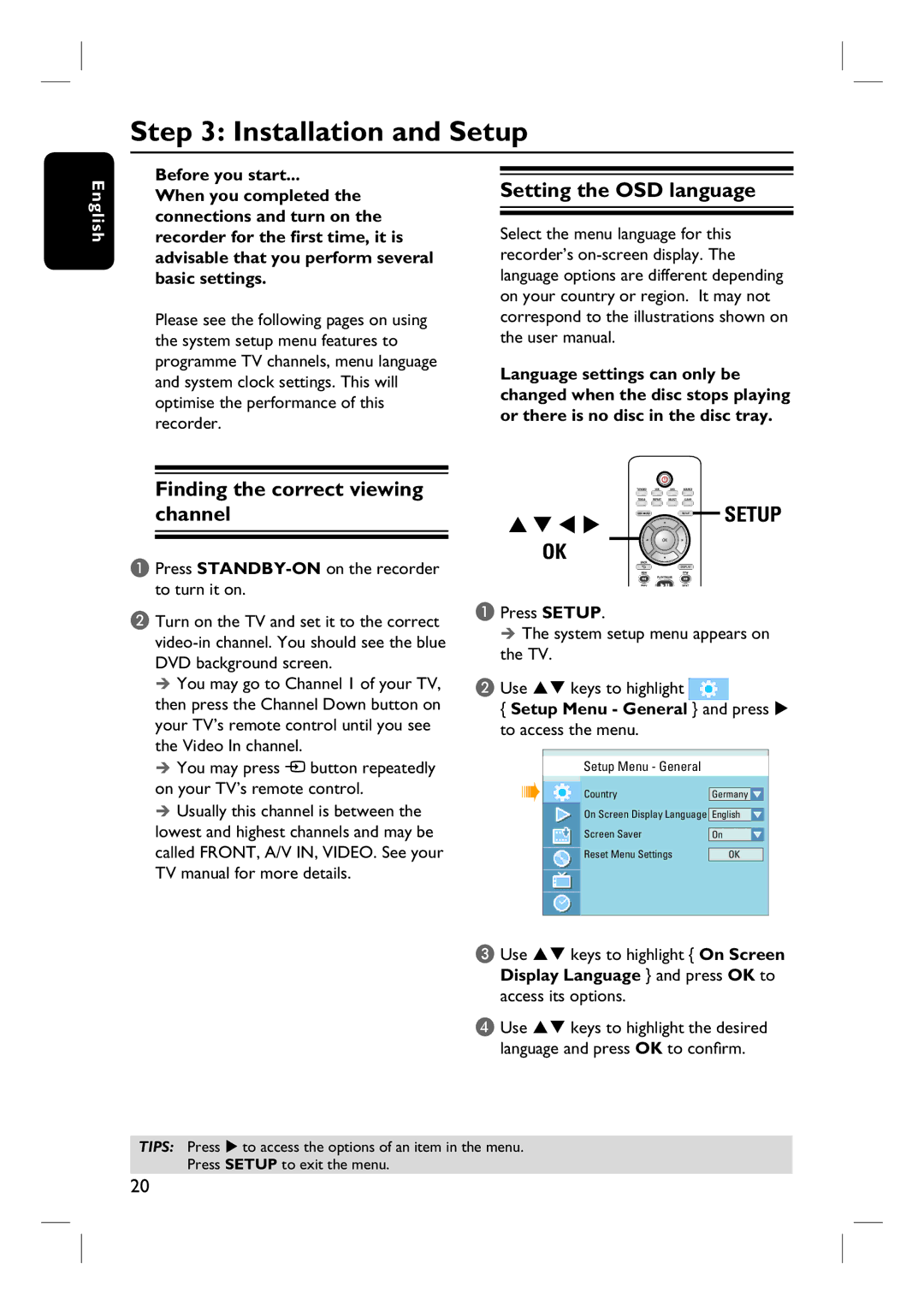 Philips DVDR3430V, DVDR3432V Installation and Setup, Setting the OSD language, Finding the correct viewing channel 