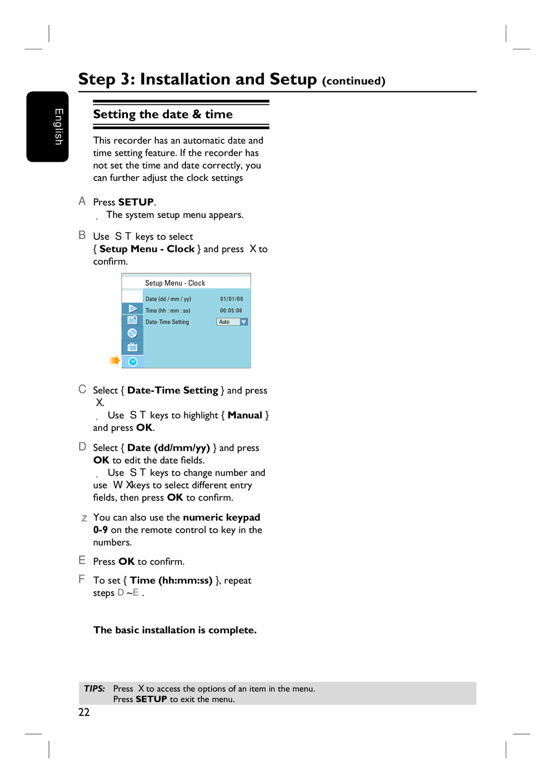 Philips DVDR3430V Setting the date & time, Setup Menu Clock and press X to confirm, Select Date-Time Setting and press 