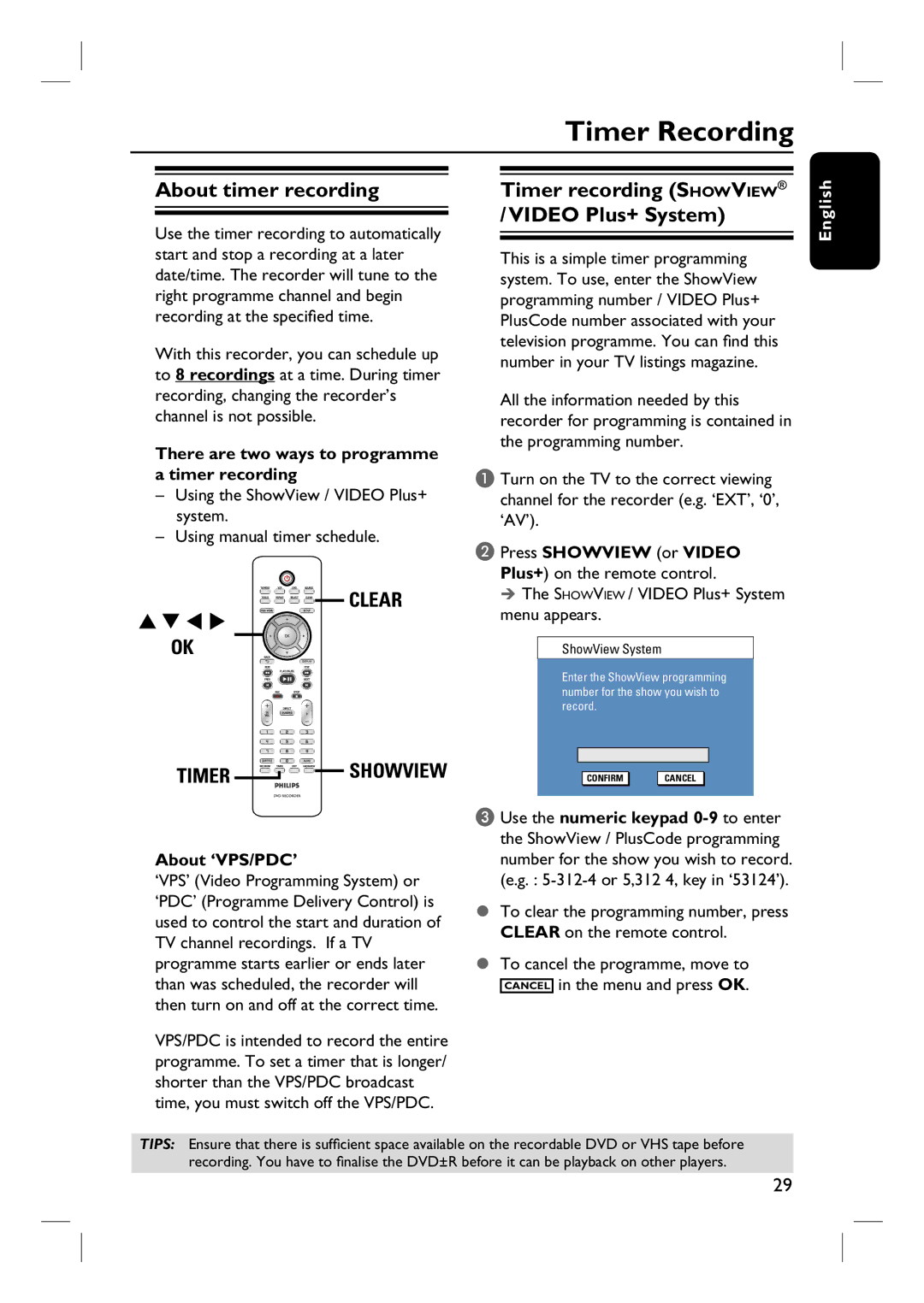 Philips DVDR3432V, DVDR3430V Timer Recording, About timer recording, Timer recording Showview / Video Plus+ System 