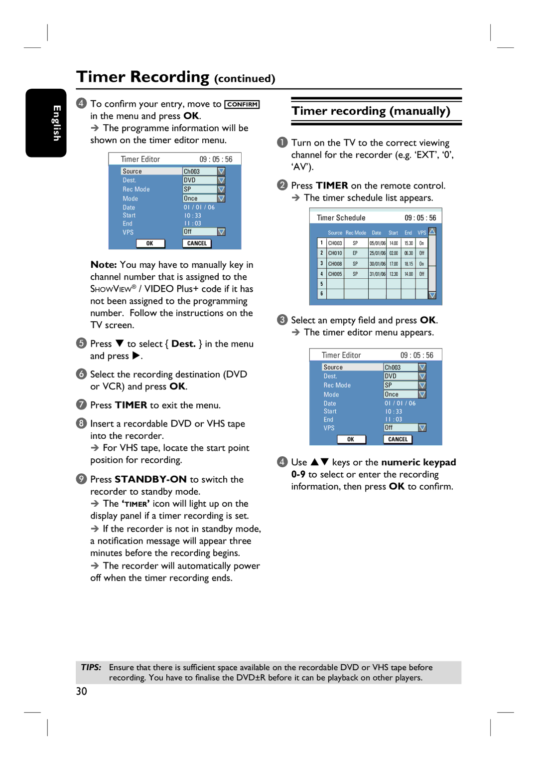 Philips DVDR3430V, DVDR3432V user manual Timer recording manually, ‘Av’, Use ST keys or the numeric keypad 