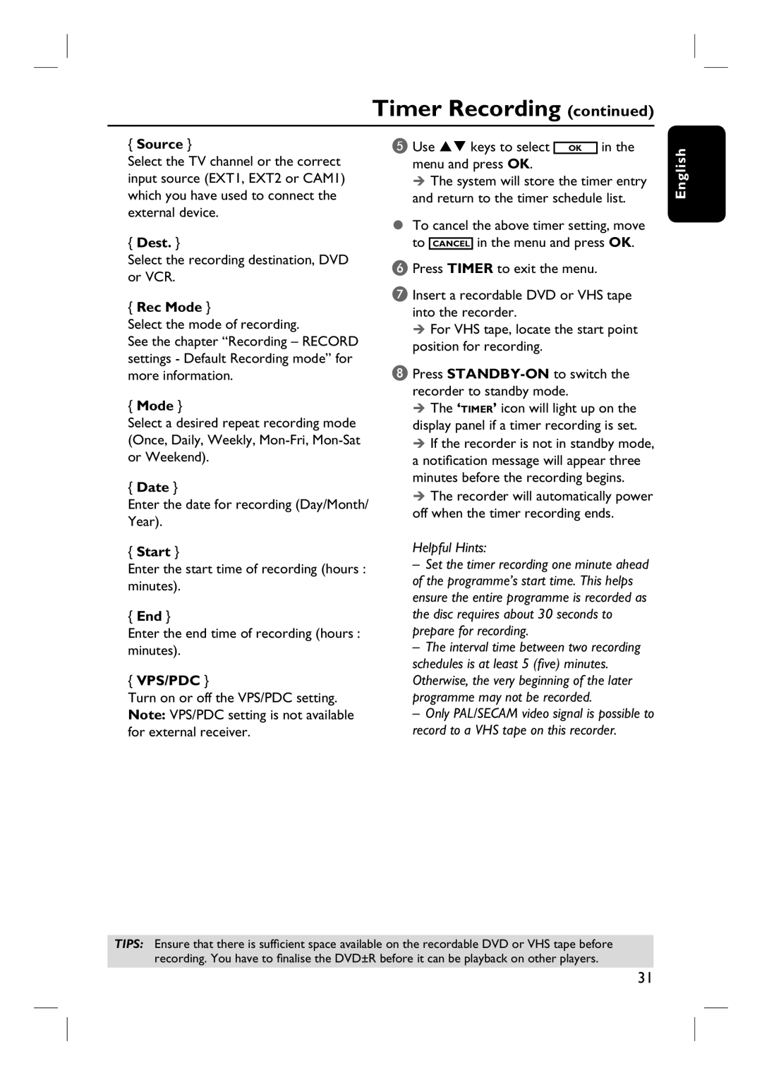 Philips DVDR3432V, DVDR3430V user manual Dest, Mode, Date, Start, End 