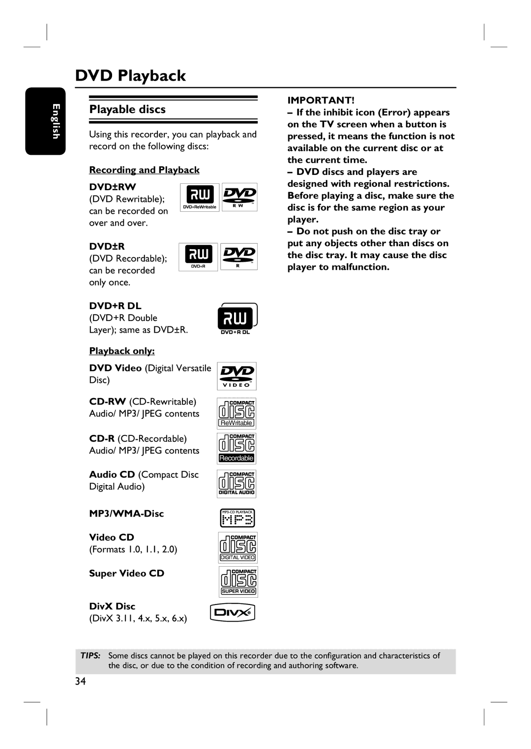 Philips DVDR3430V, DVDR3432V user manual DVD Playback, Playable discs 