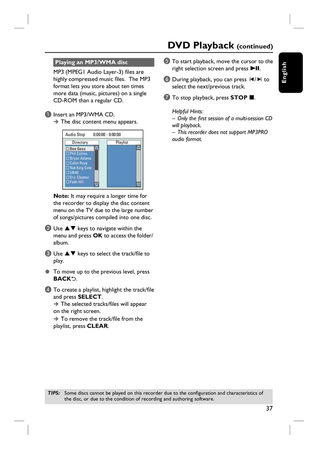 Philips DVDR3432V, DVDR3430V user manual Playing an MP3/WMA disc, Insert an MP3/WMA CD Disc content menu appears 