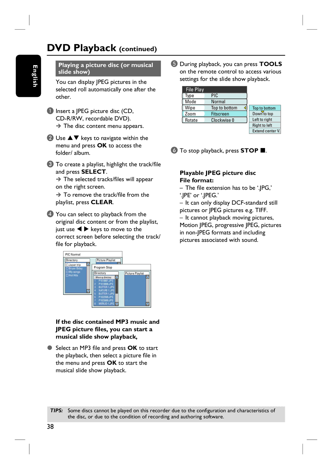 Philips DVDR3430V, DVDR3432V user manual English Playing a picture disc or musical slide show, You can display Jpeg pictures 