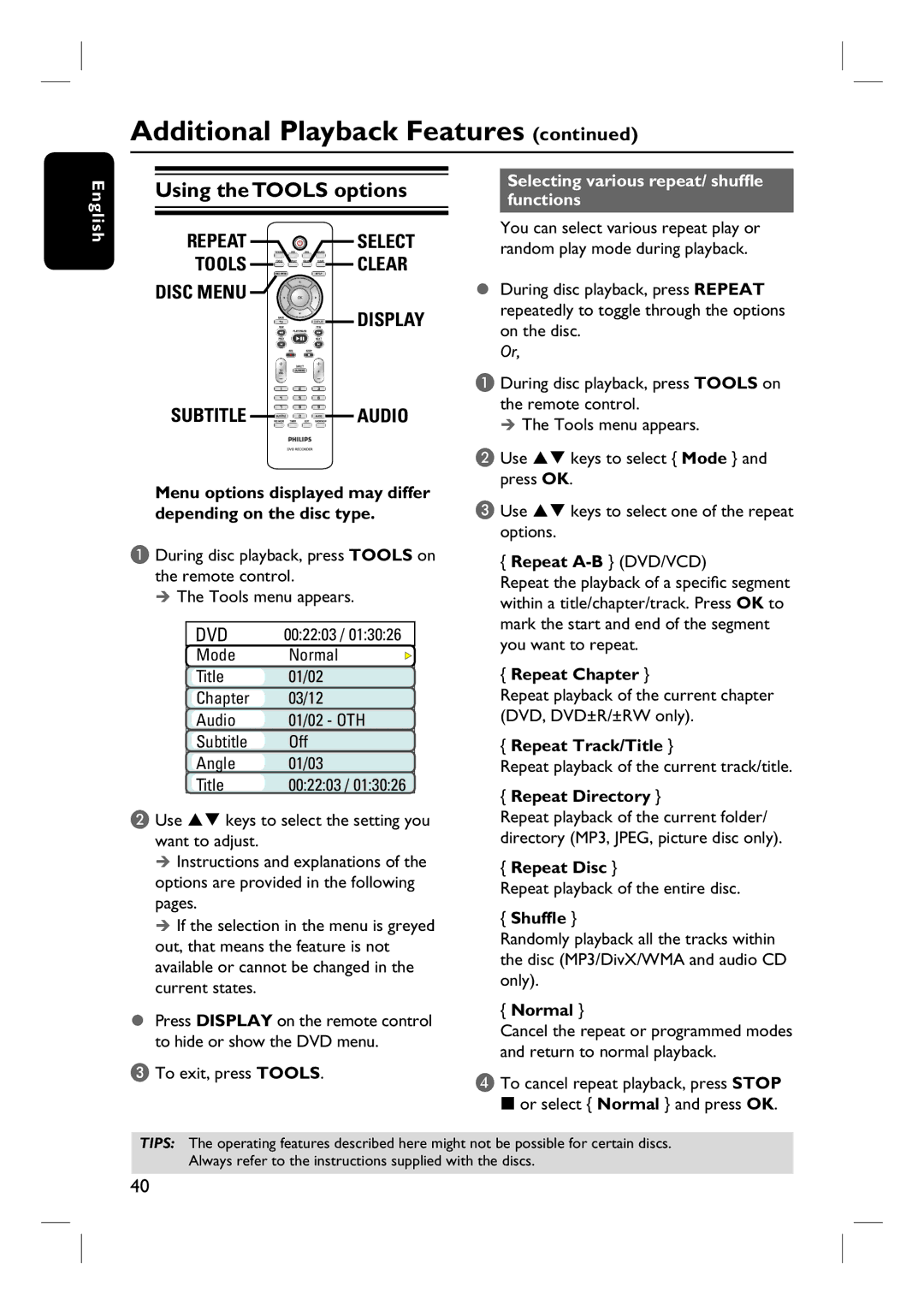 Philips DVDR3430V, DVDR3432V user manual Using the Tools options, Selecting various repeat/ shuffle functions 