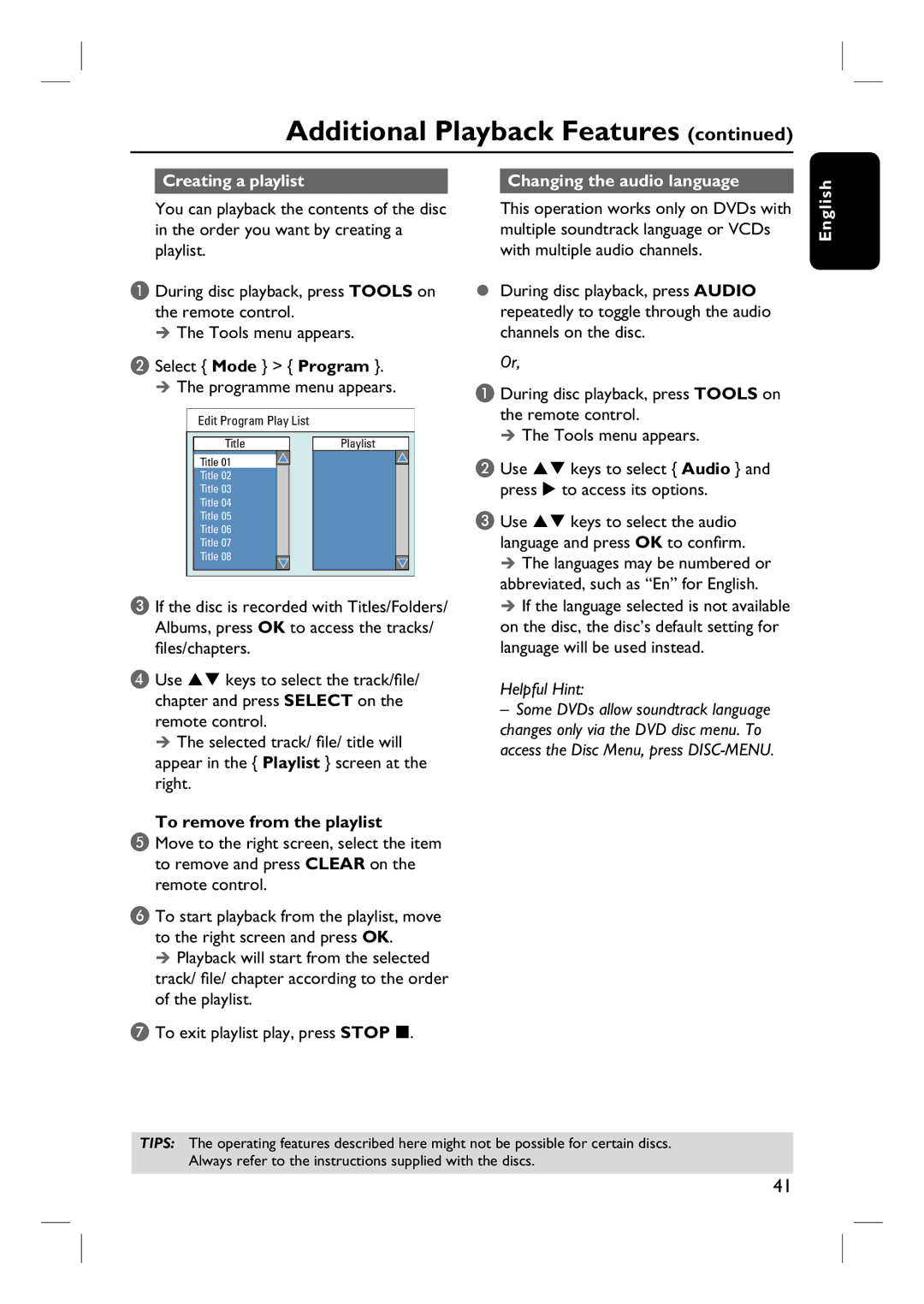 Philips DVDR3432V, DVDR3430V user manual Creating a playlist Changing the audio language, To remove from the playlist 