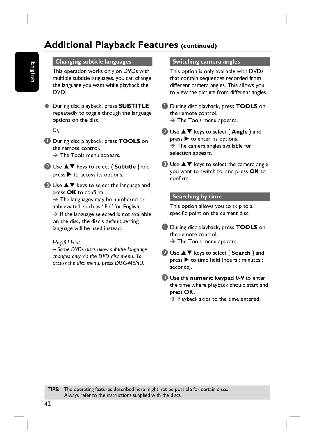 Philips DVDR3430V, DVDR3432V user manual Changing subtitle languages Switching camera angles English, Searching by time 