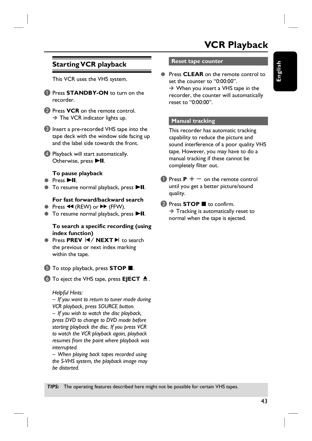 Philips DVDR3432V, DVDR3430V user manual VCR Playback, Starting VCR playback, Reset tape counter, Manual tracking 