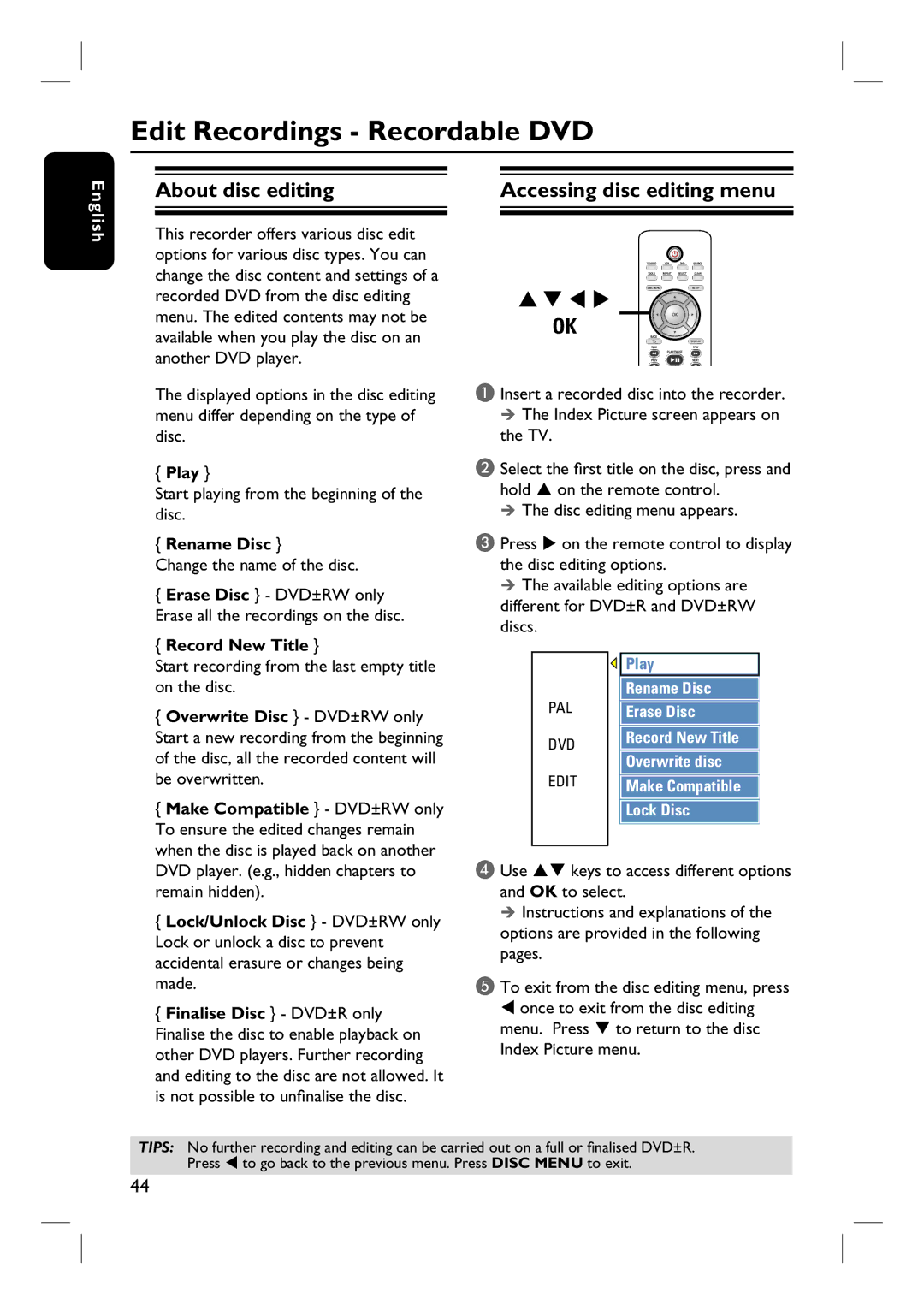 Philips DVDR3430V Edit Recordings Recordable DVD, About disc editing Accessing disc editing menu, Play, Rename Disc 