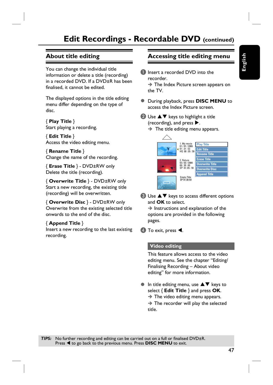 Philips DVDR3432V, DVDR3430V user manual About title editing Accessing title editing menu, Video editing 