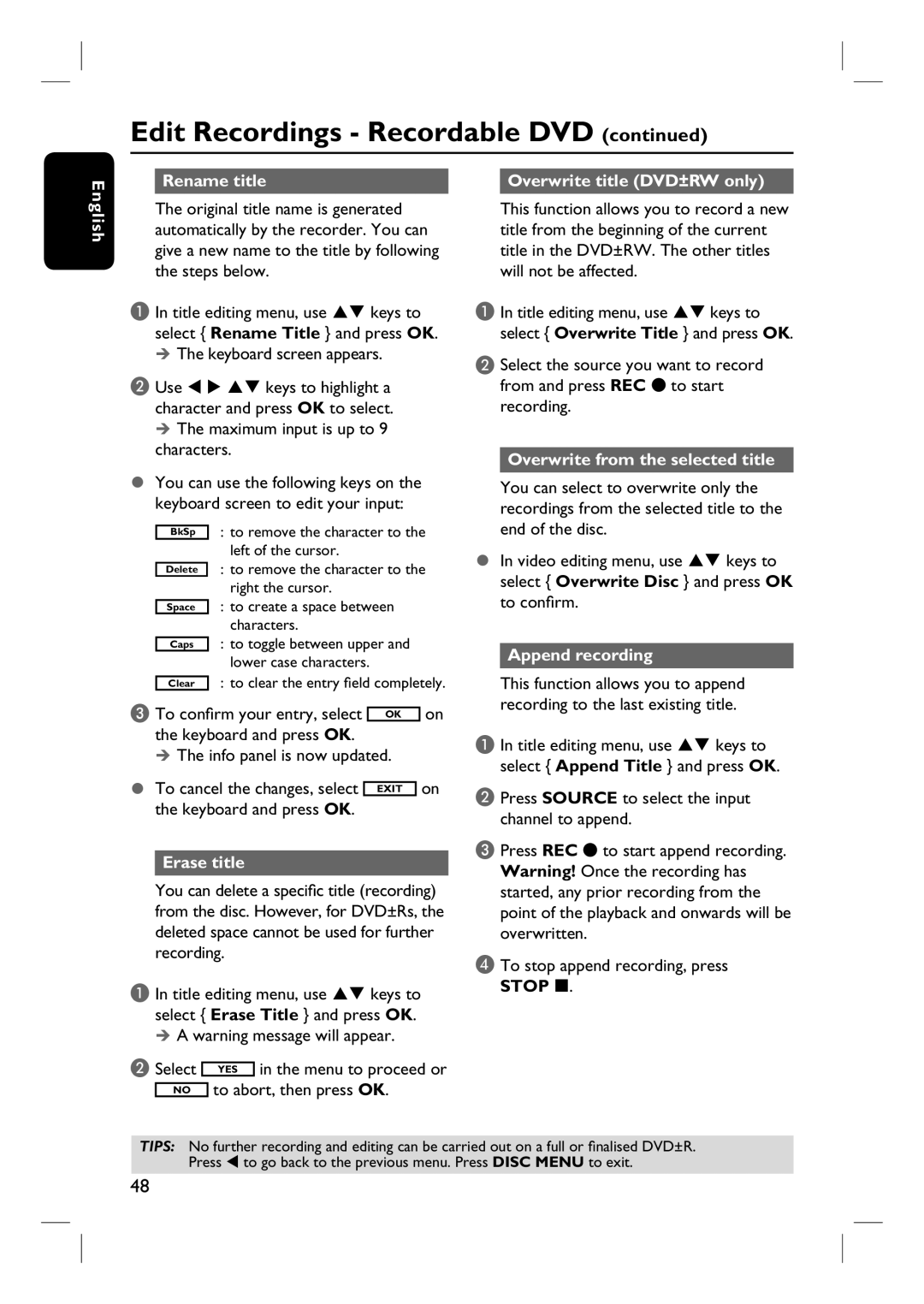 Philips DVDR3430V Rename title Overwrite title DVD±RW only English, Overwrite from the selected title, Append recording 