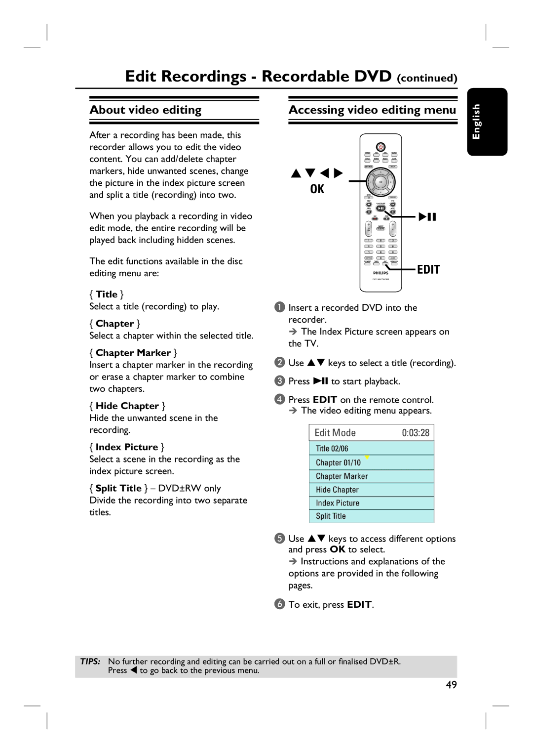 Philips DVDR3432V, DVDR3430V user manual About video editing, Accessing video editing menu 