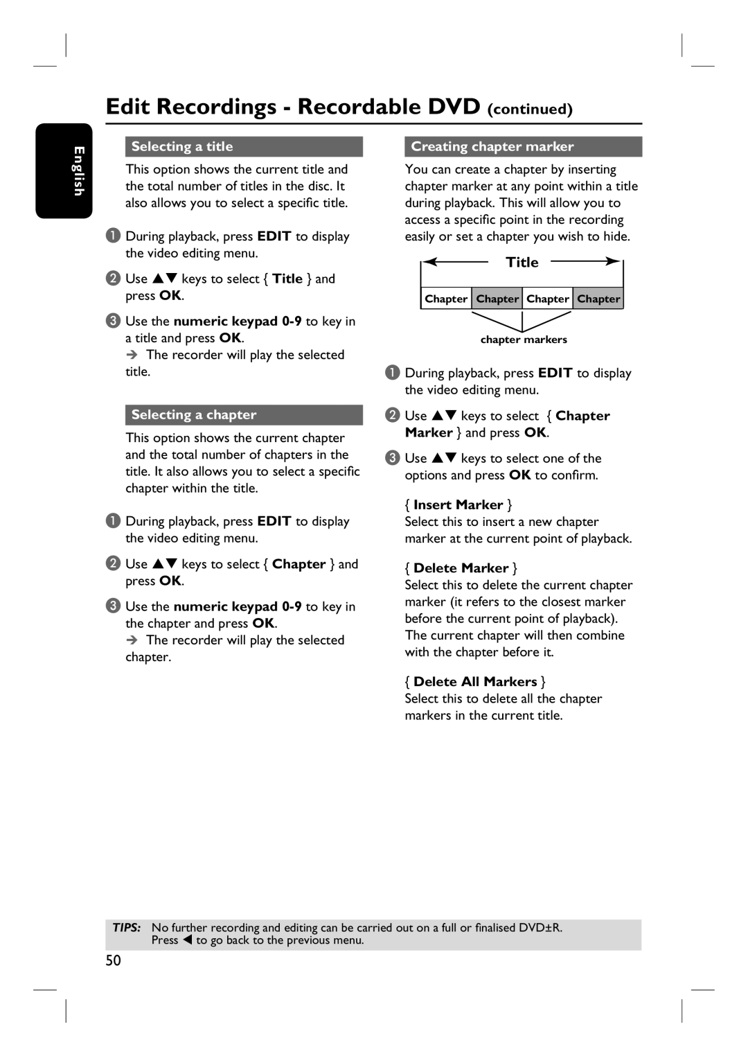 Philips DVDR3430V, DVDR3432V user manual English Selecting a title, Creating chapter marker, Selecting a chapter 