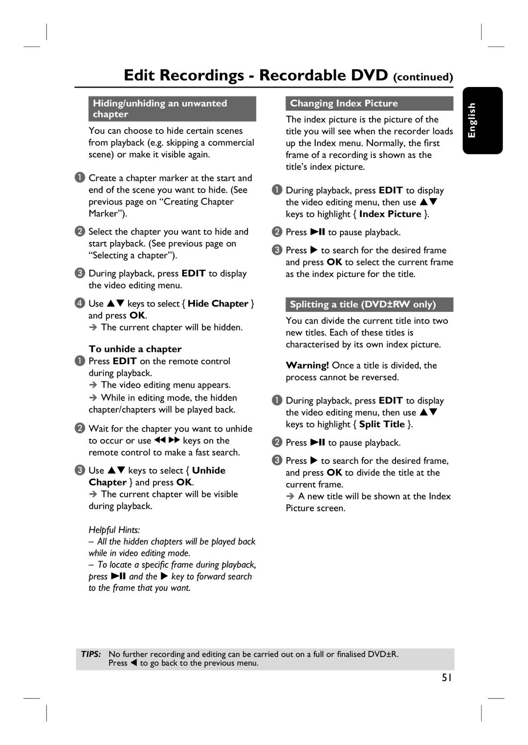 Philips DVDR3432V, DVDR3430V user manual Hiding/unhiding an unwanted chapter, To unhide a chapter, Changing Index Picture 