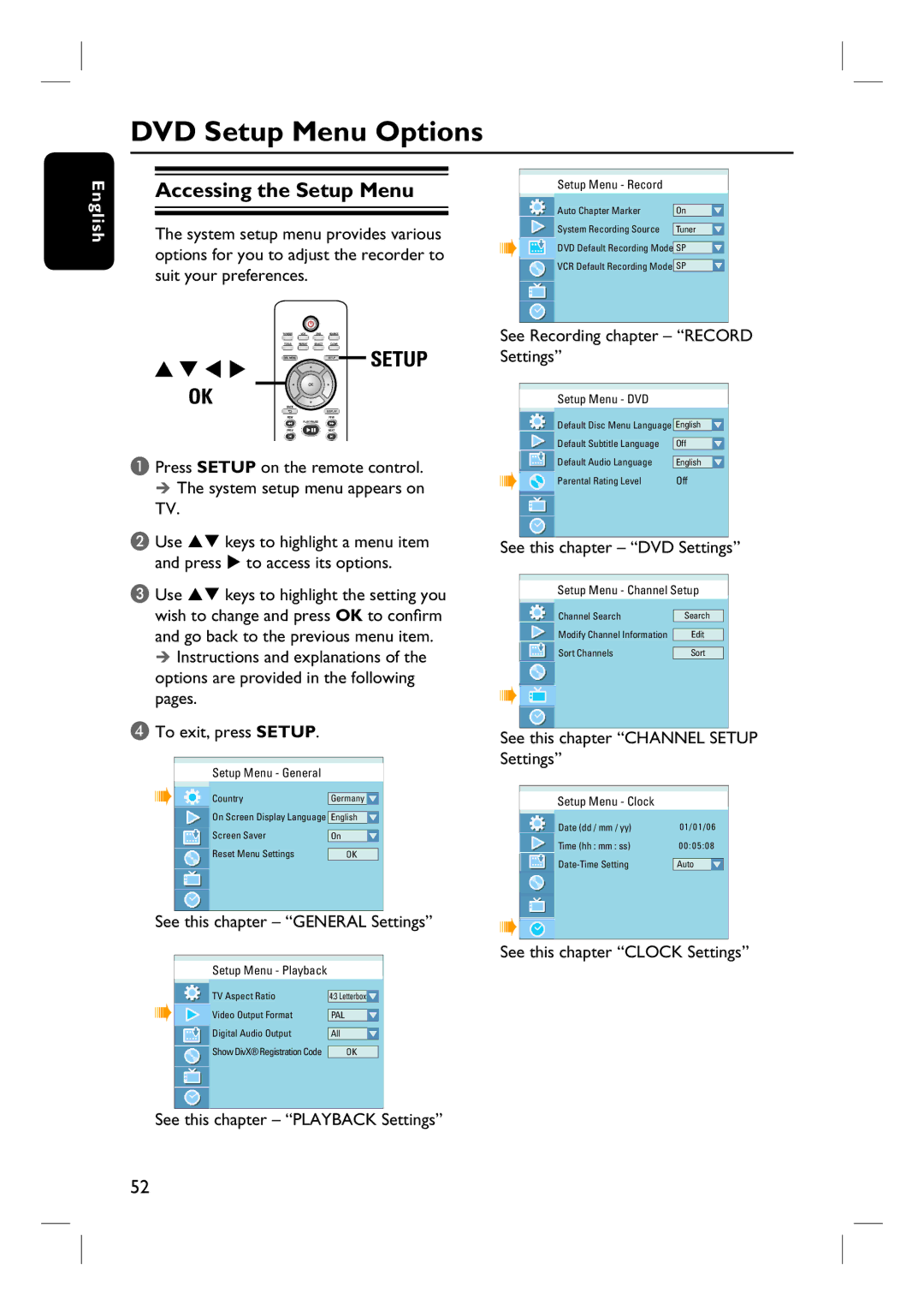 Philips DVDR3430V, DVDR3432V user manual DVD Setup Menu Options, Accessing the Setup Menu 