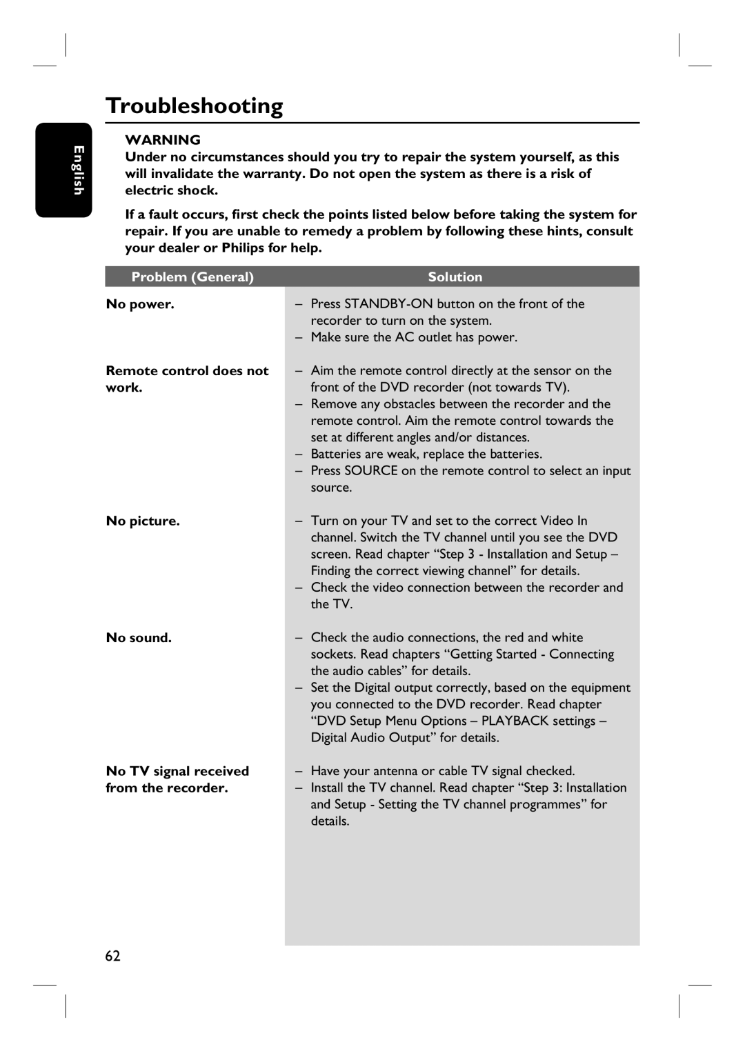 Philips DVDR3430V, DVDR3432V user manual Troubleshooting, Problem General Solution 