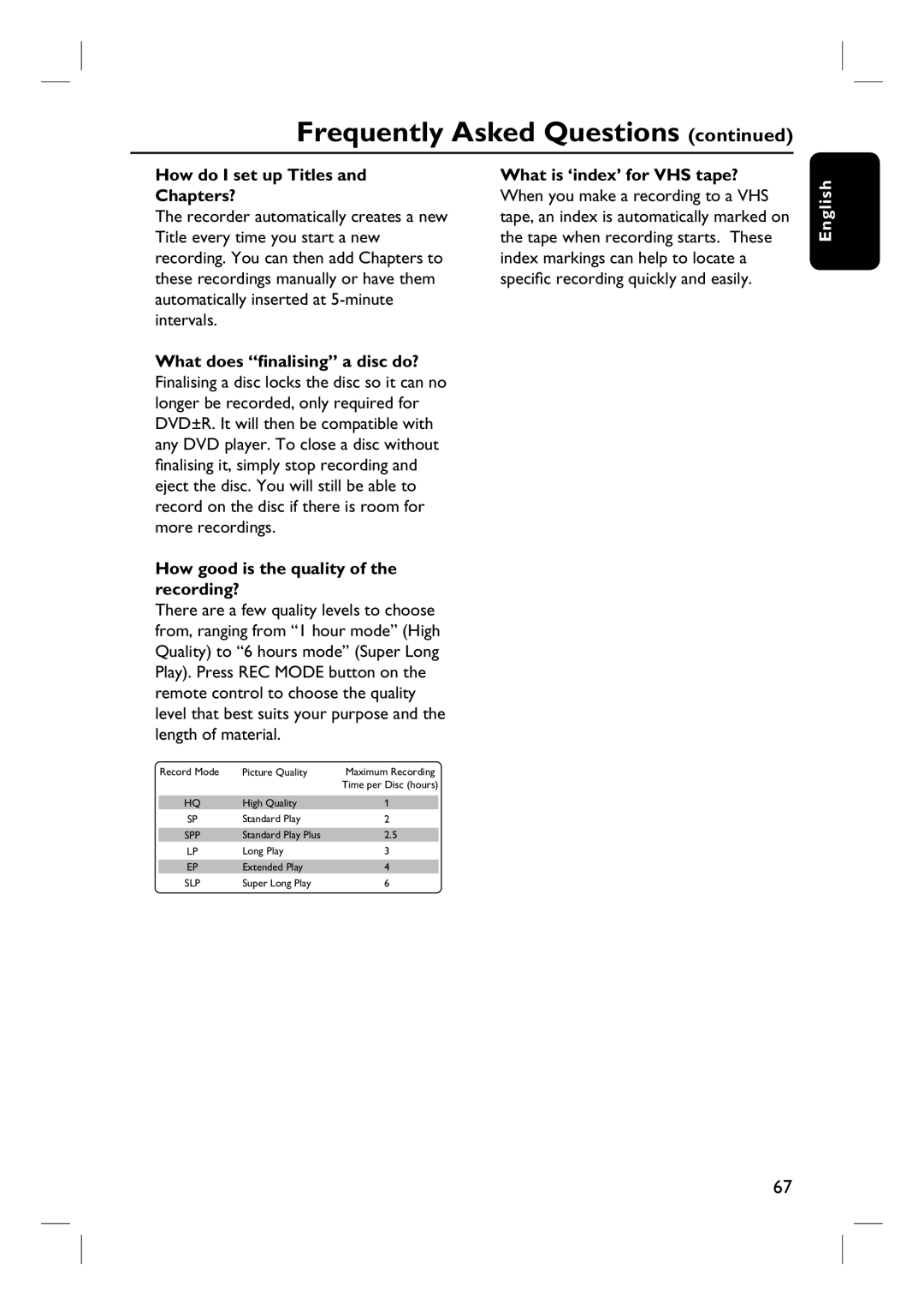 Philips DVDR3432V How do I set up Titles Chapters?, What does finalising a disc do?, What is ‘index’ for VHS tape? 