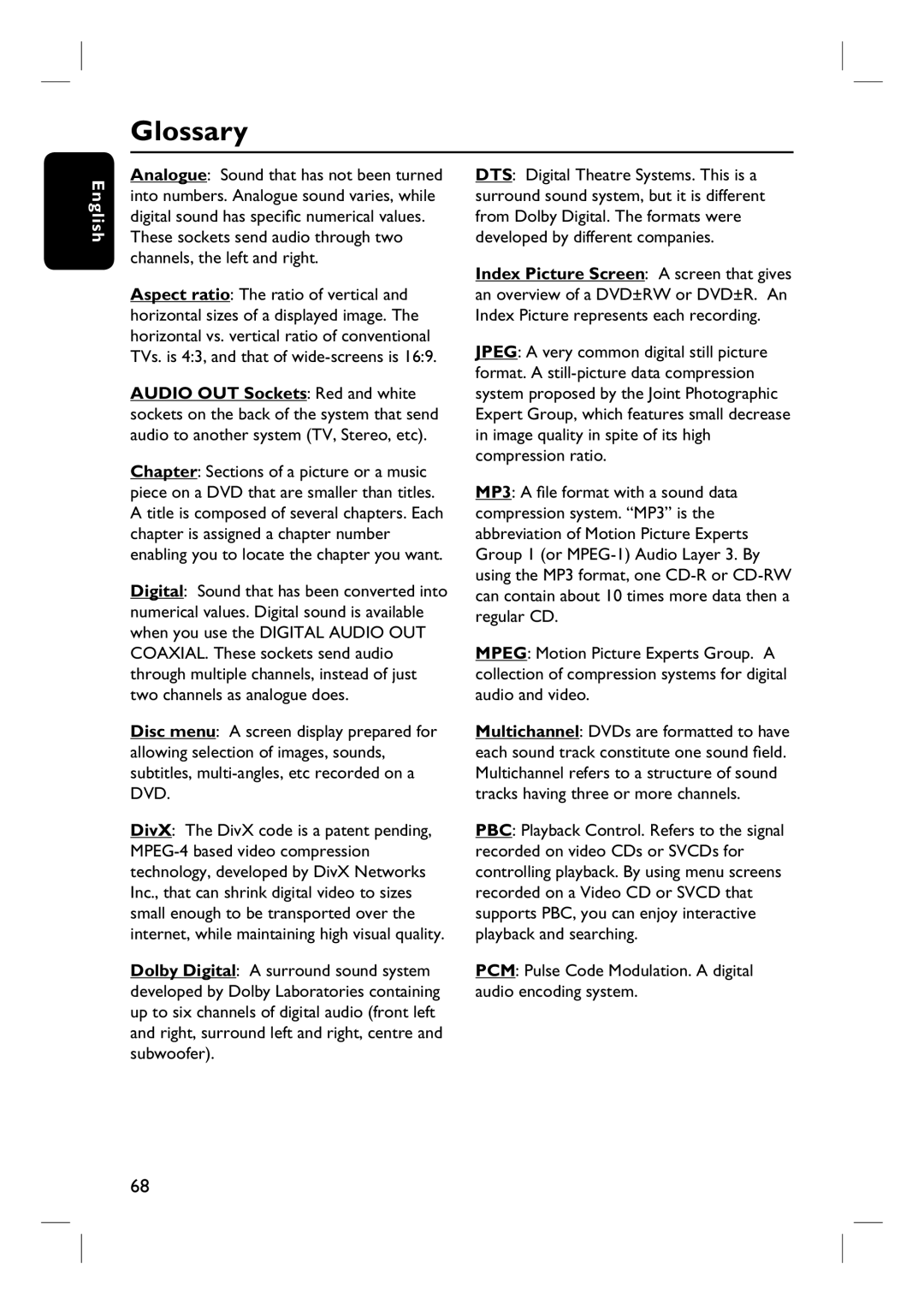 Philips DVDR3430V, DVDR3432V user manual Glossary, PCM Pulse Code Modulation. a digital audio encoding system 