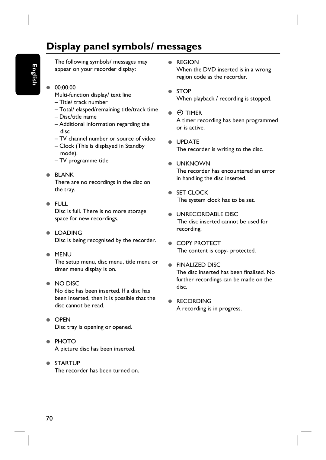 Philips DVDR3430V, DVDR3432V user manual Display panel symbols/ messages 