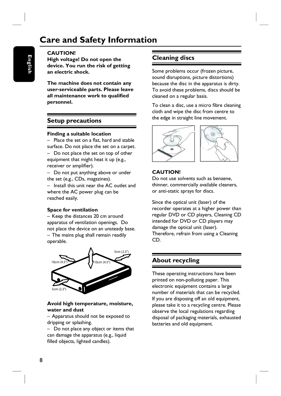 Philips DVDR3430V, DVDR3432V user manual Care and Safety Information, Setup precautions, Cleaning discs, About recycling 