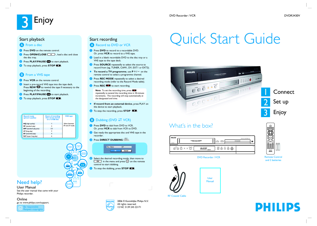 Philips DVDR3430V/05B quick start From a disc, From a VHS tape, Record to DVD or VCR, Dubbing DVD î VCR 