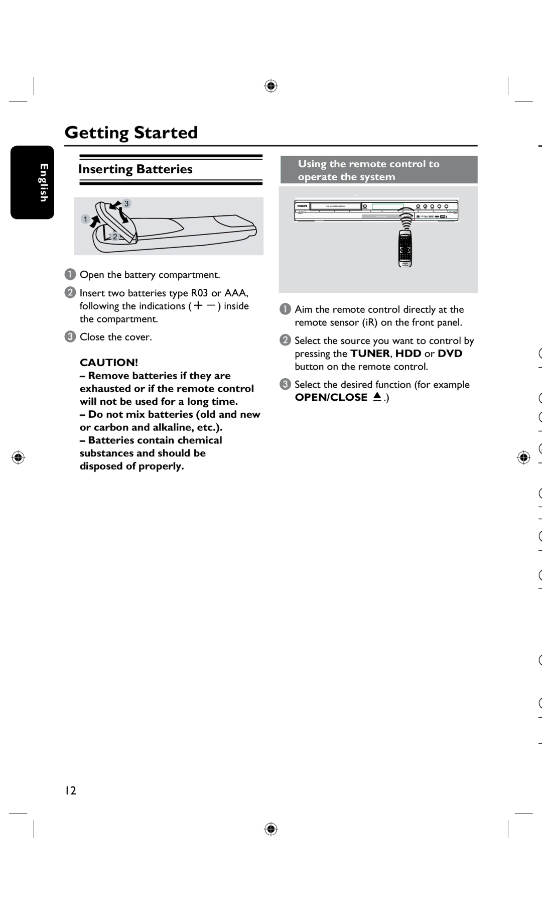 Philips DVDR3435H, DVDR3425H Getting Started, Inserting Batteries, Using the remote control to operate the system 