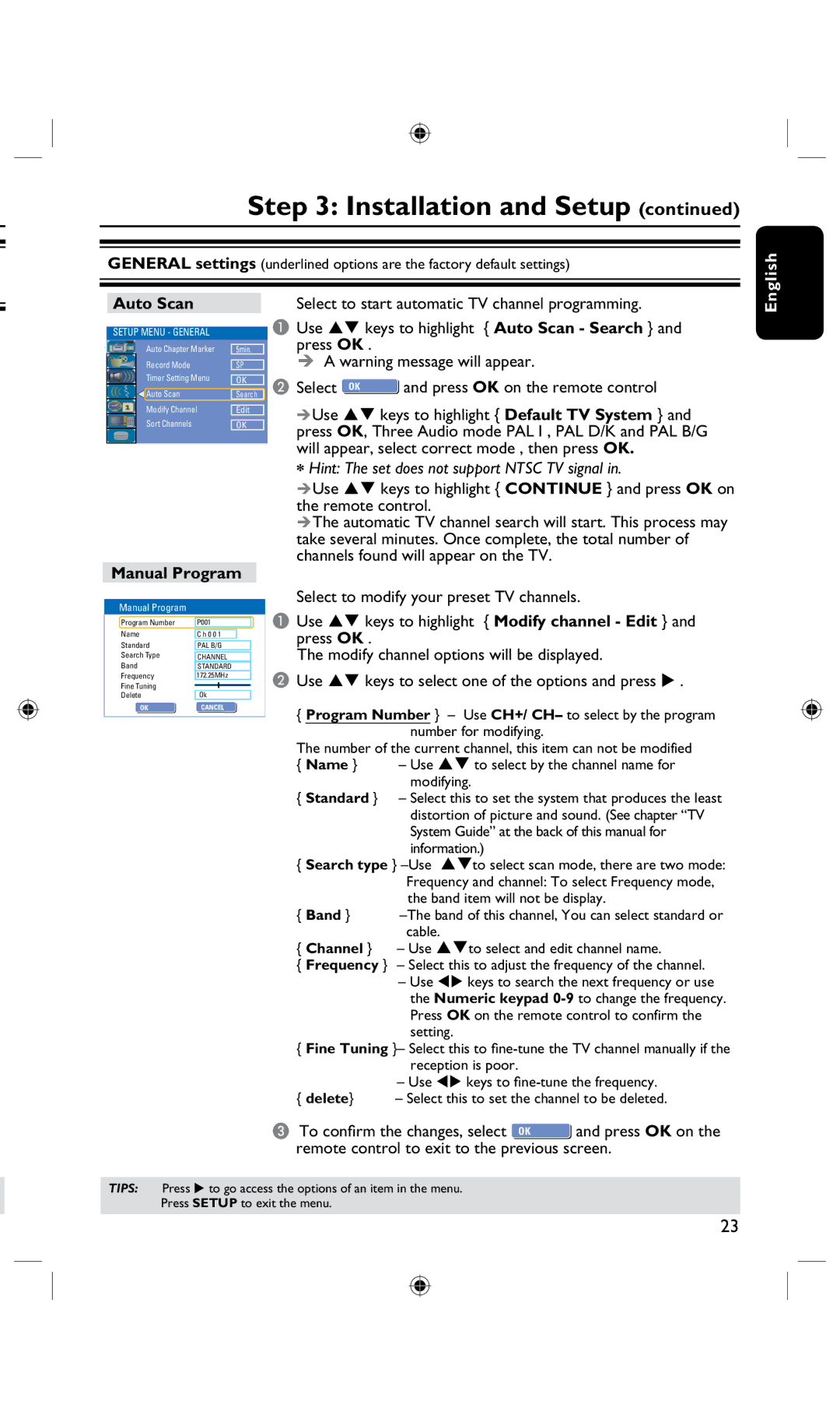 Philips DVDR3435H/93, DVDR3425H user manual Auto Scan, Manual Program, Press OK on the remote control 