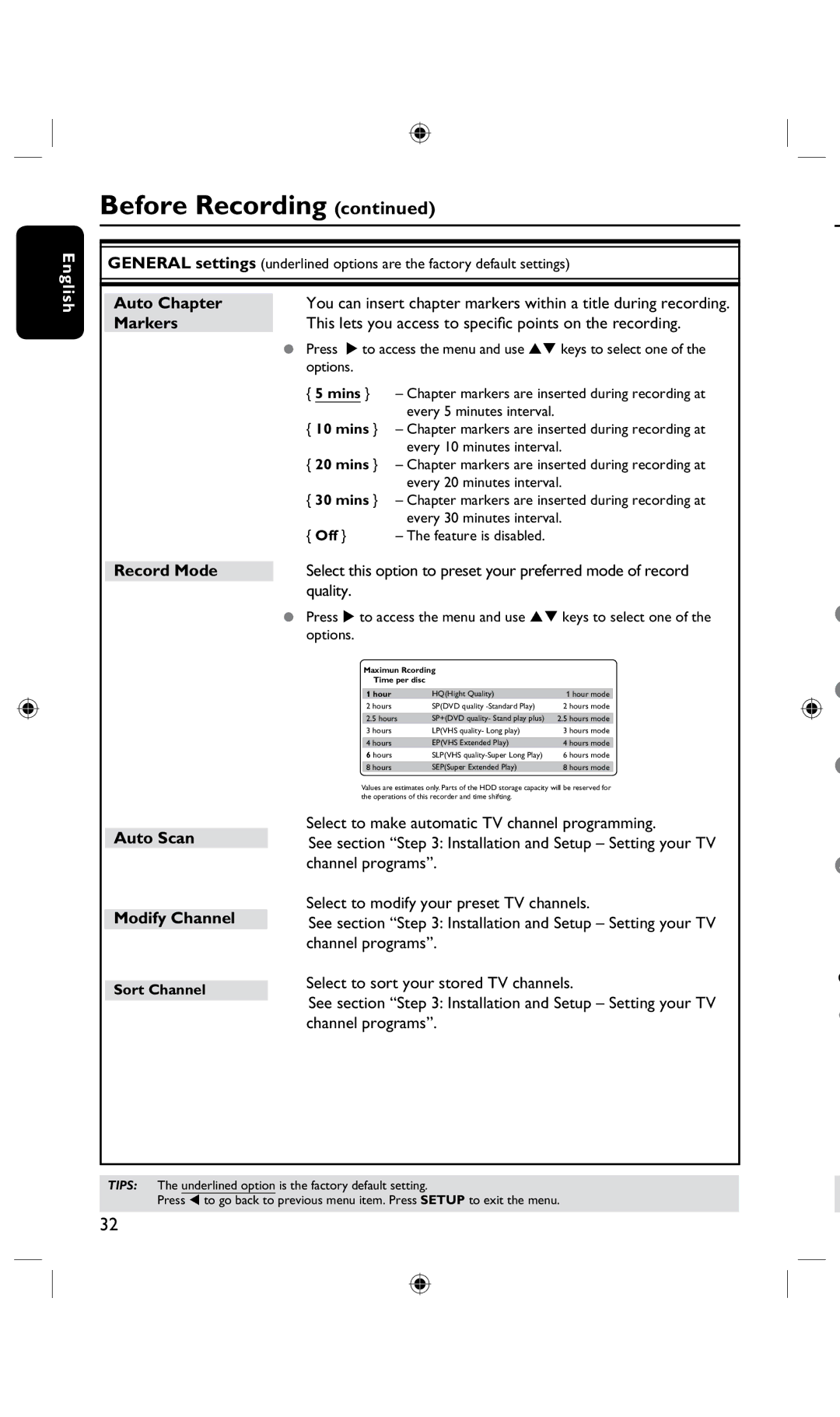 Philips DVDR3435H/93, DVDR3425H user manual Auto Chapter, Record Mode, Modify Channel 